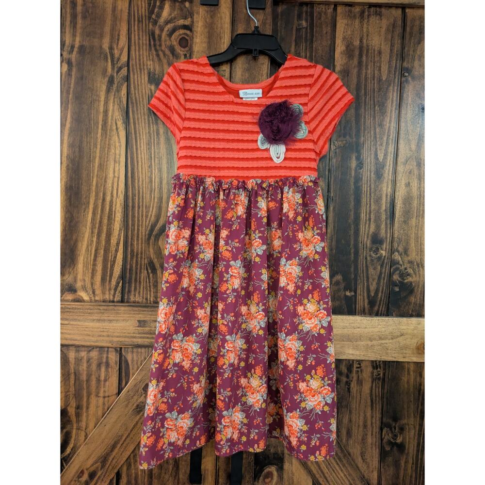 Bonnie Jean Big girls size 16 red floral striped boho short sleeve dress GUC